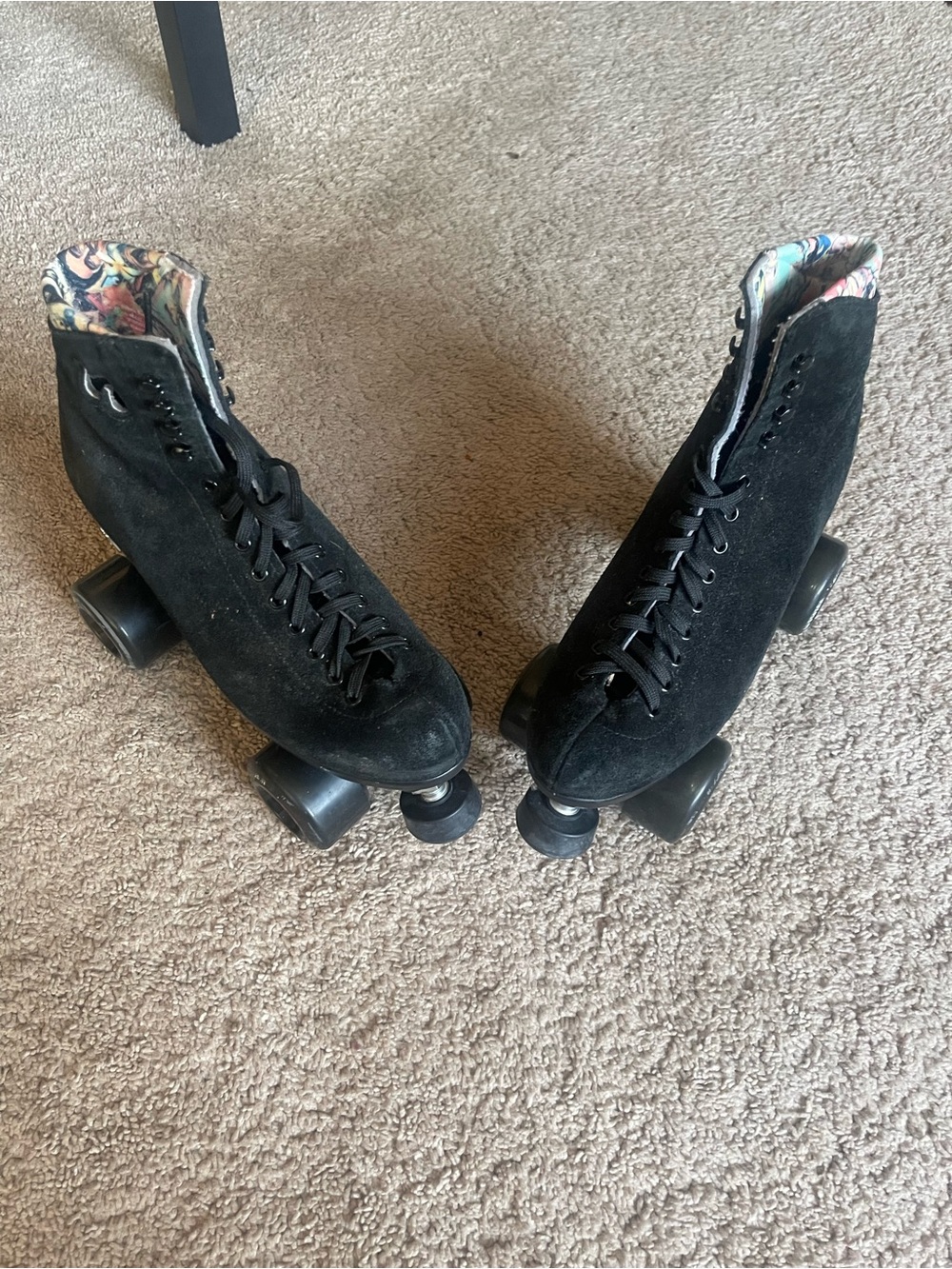 Women's Black Suede Quad Roller Skates with Floral Lining